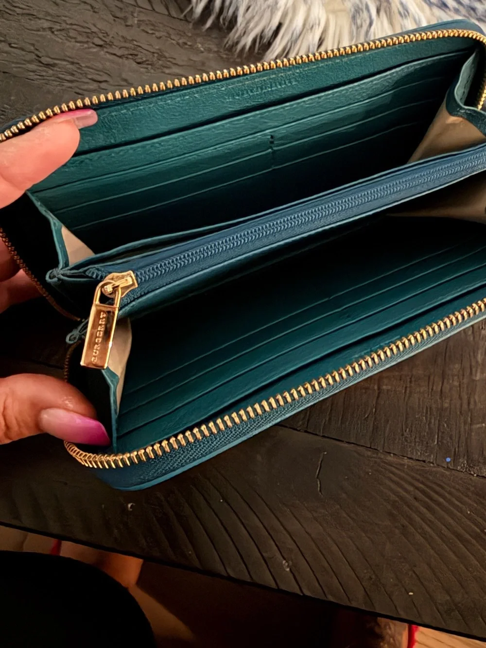 Burberry Plaid Zip-Around Wallet with Teal Green Trim